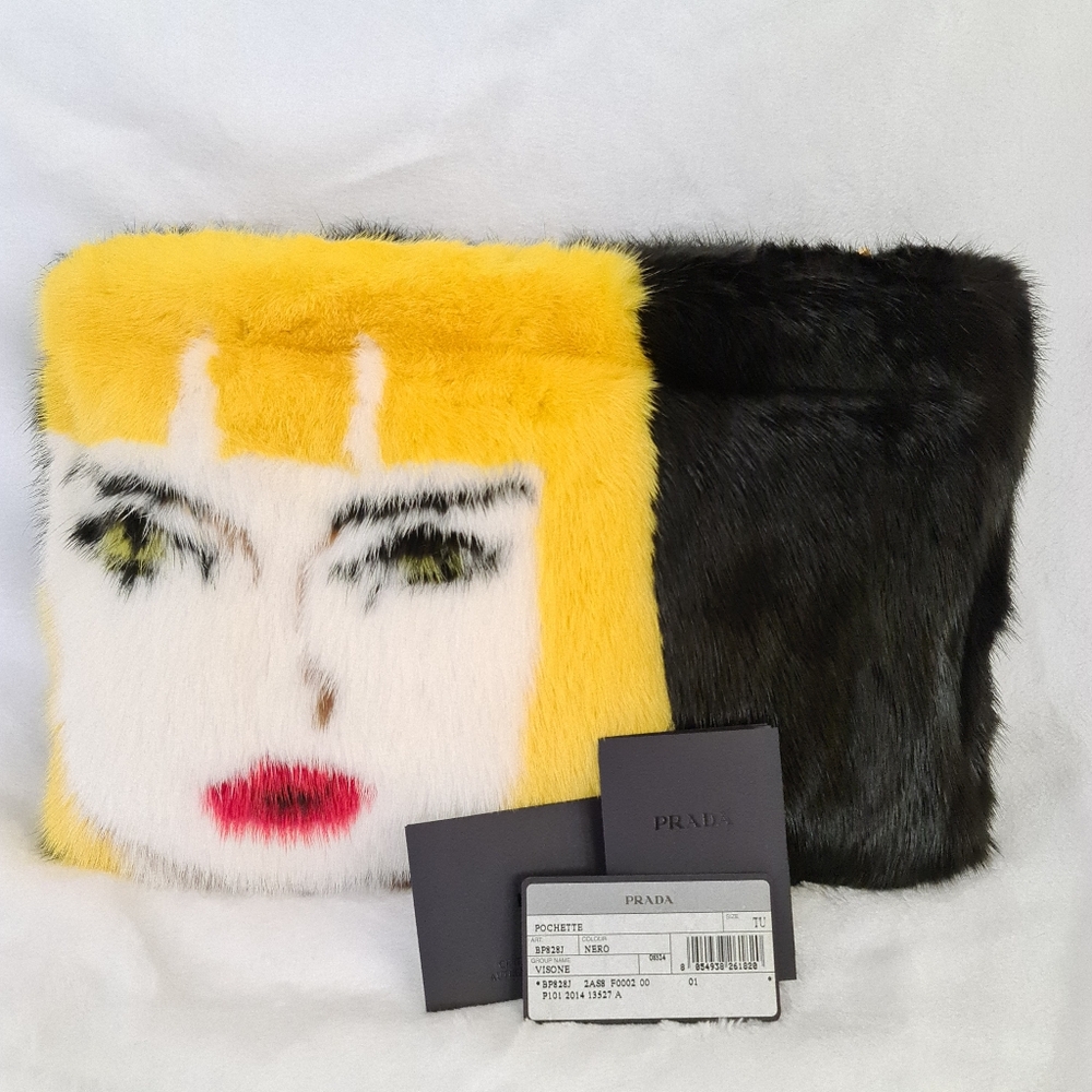 Authentic Mink Prada Black and Yellow Fur Clutch New With Tag